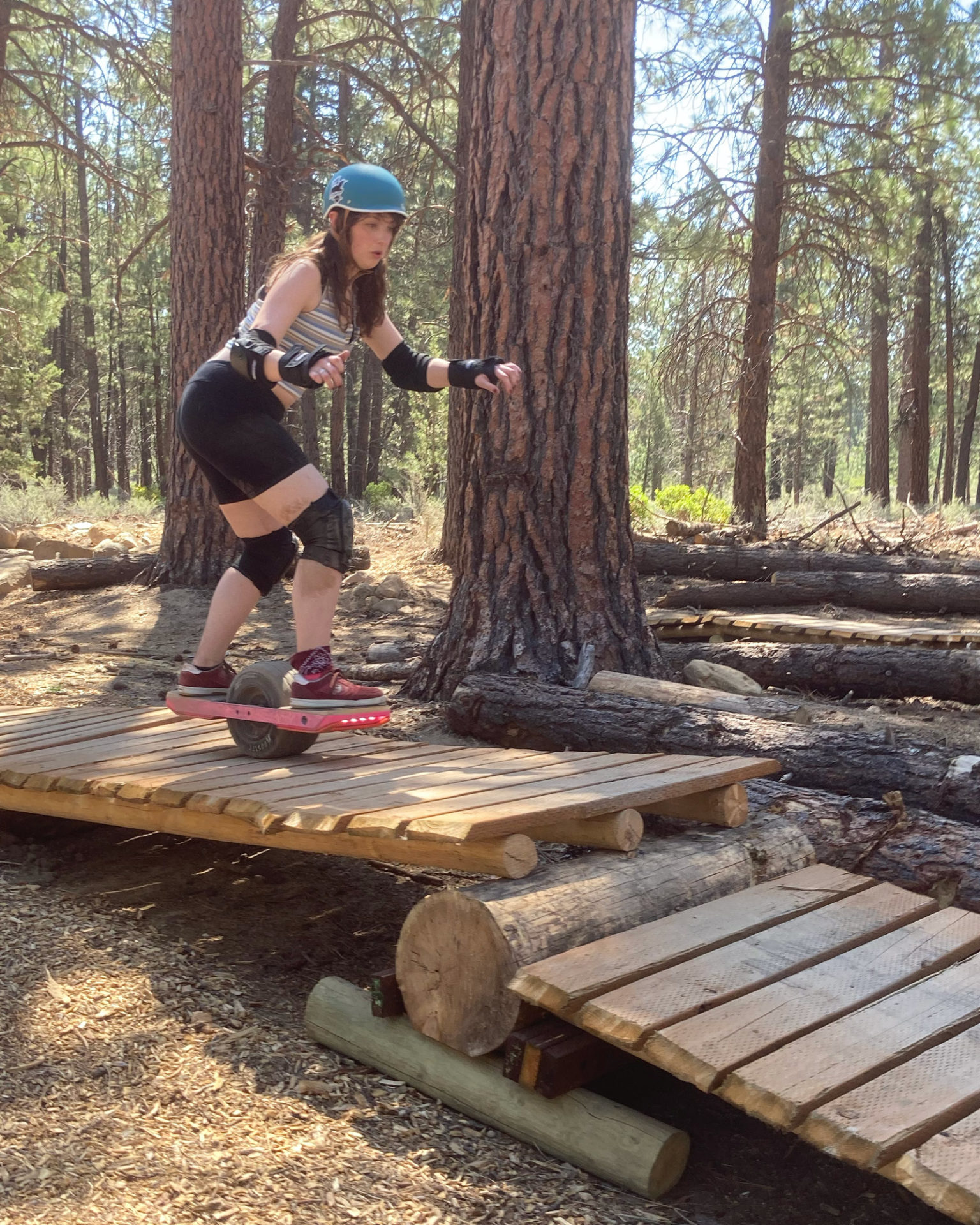 Alice Chamberlain tackles the boardwalk drop at the Drift Sisters 2021 retreat