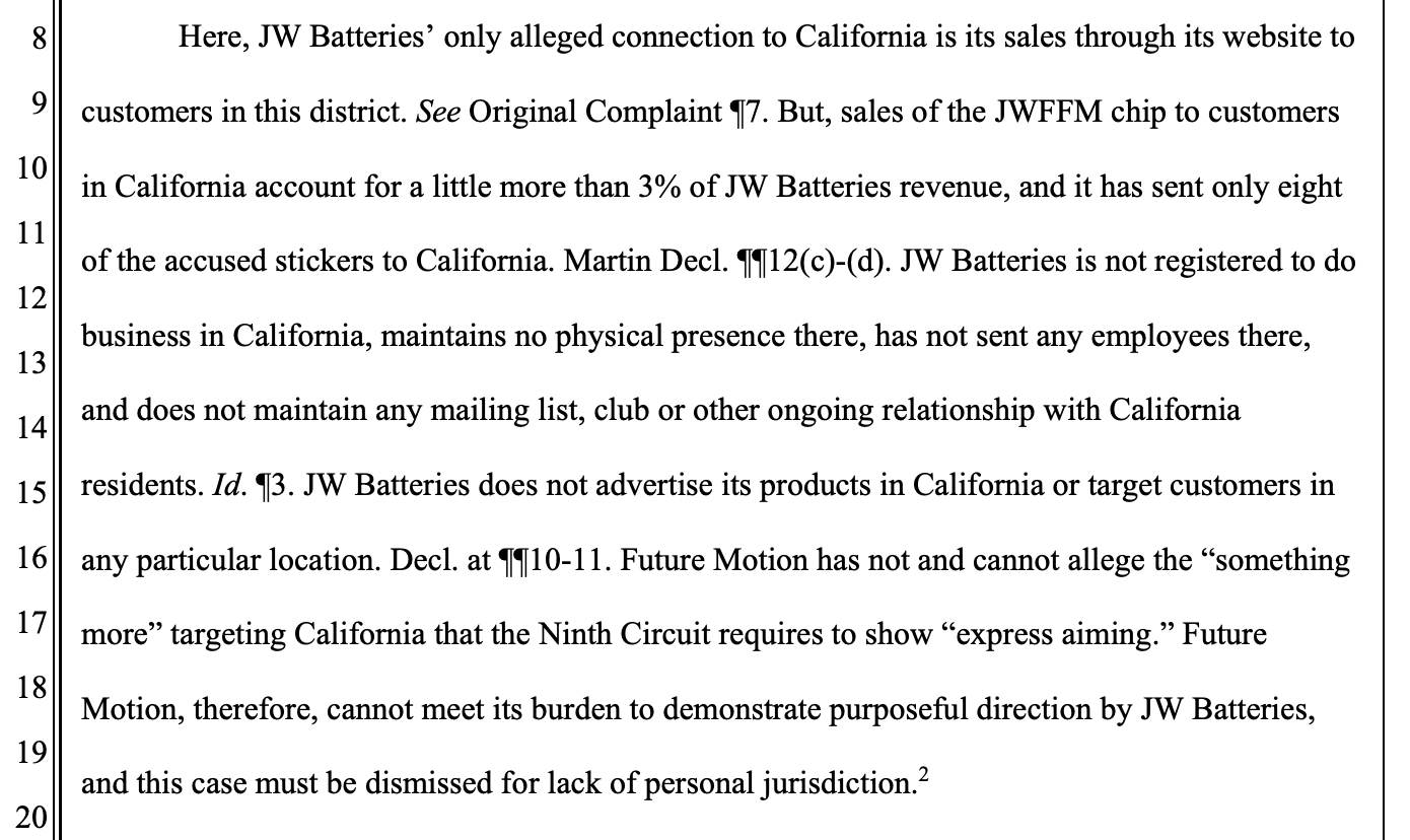 Official Court motion to dismiss Future Motion's lawsuit against JW Batteries, May 2, 2022