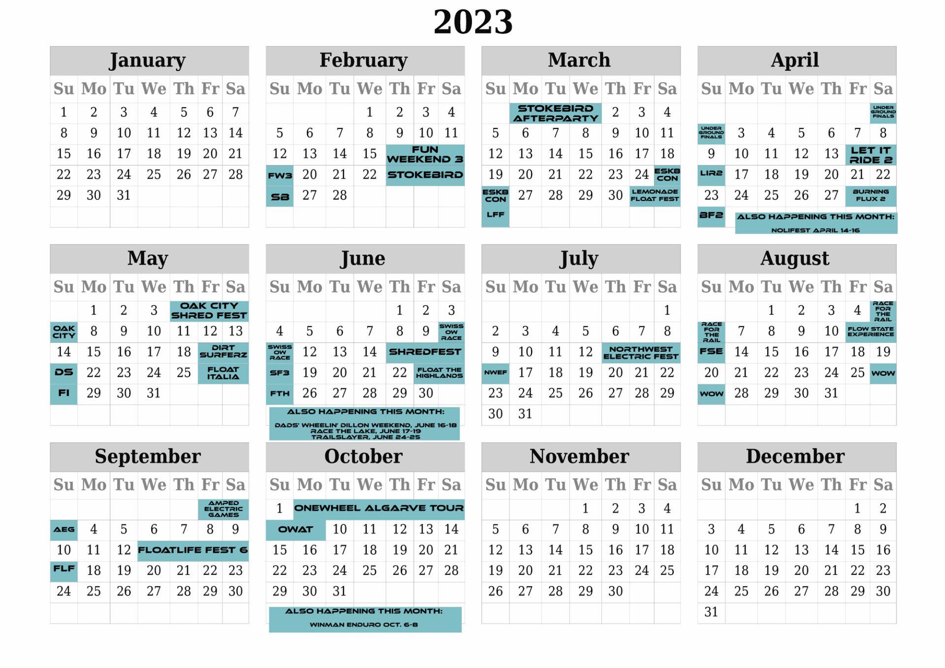 Calendar of 2023 Onewheel events